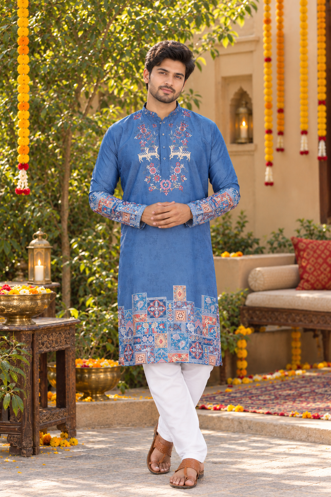 Men’s Embroidered Khadi Cotton Kurta Pyjama Set - Rosepetals Luxe