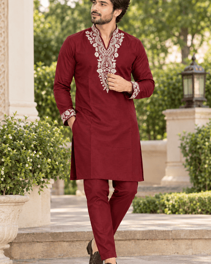 Men’s Embroidered Lachka Kurta & Polo Pant Set - Rosepetals Luxe