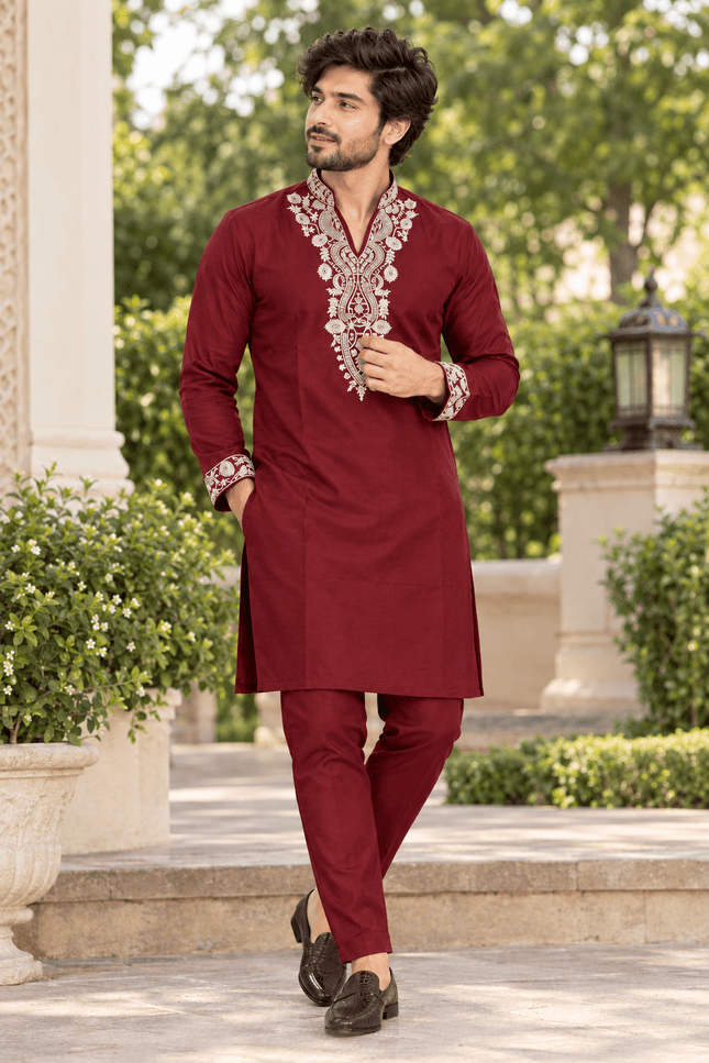 Men’s Embroidered Lachka Kurta & Polo Pant Set - Rosepetals Luxe