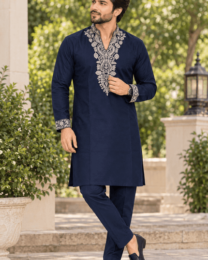 Men’s Embroidered Lachka Kurta & Polo Pant Set - Rosepetals Luxe