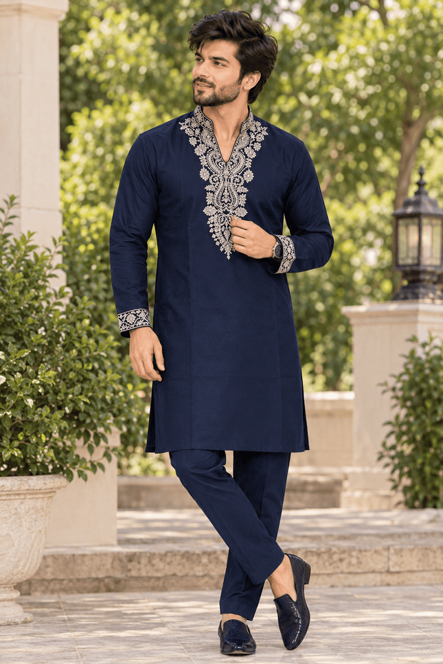 Men’s Embroidered Lachka Kurta & Polo Pant Set - Rosepetals Luxe