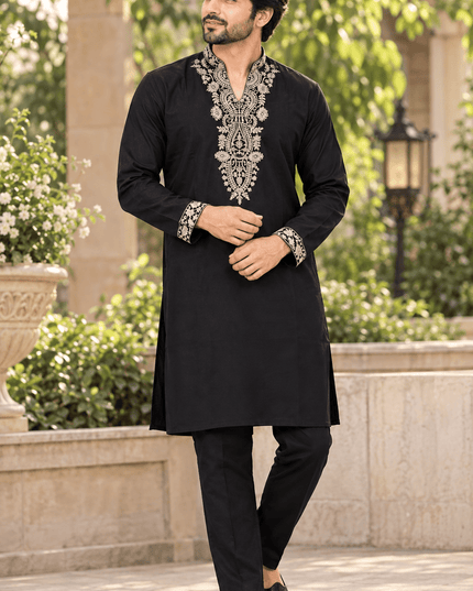 Men’s Embroidered Lachka Kurta & Polo Pant Set - Rosepetals Luxe