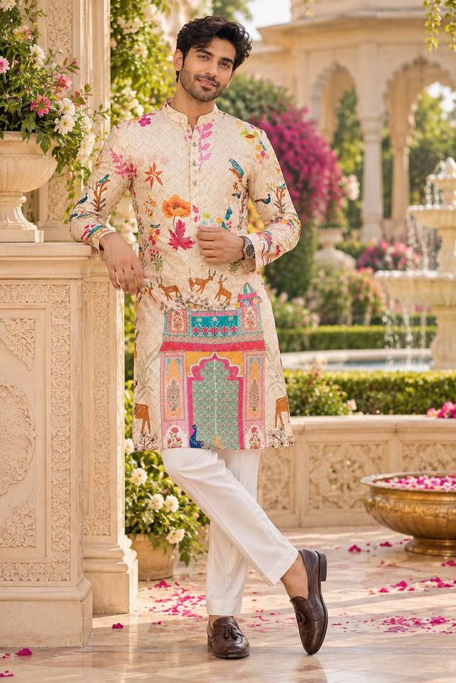 Men's Festive Cotton Crochet Sequin Kurta - Rosepetals Luxe