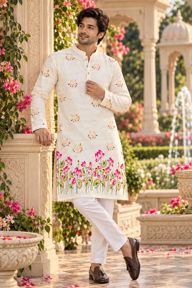 Men's Festive Cotton Crochet Sequin Kurta - Rosepetals Luxe