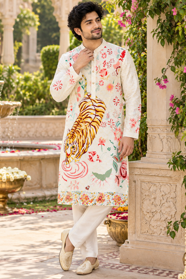 Men's Festive Cotton Crochet Sequin Kurta - Rosepetals Luxe