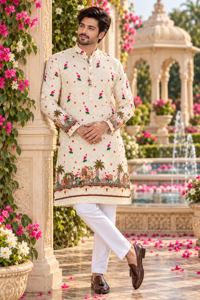 Men's Festive Cotton Crochet Sequin Kurta - Rosepetals Luxe