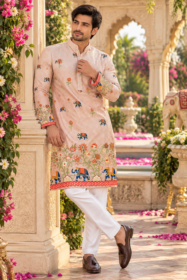 Men's Festive Cotton Crochet Sequin Kurta - Rosepetals Luxe