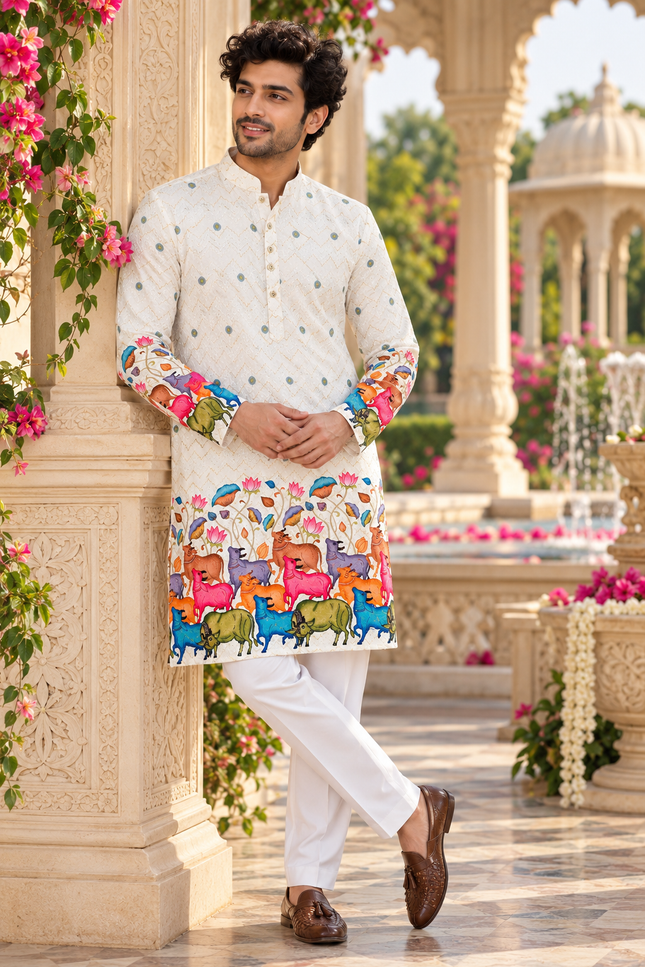 Men's Festive Cotton Crochet Sequin Kurta - Rosepetals Luxe