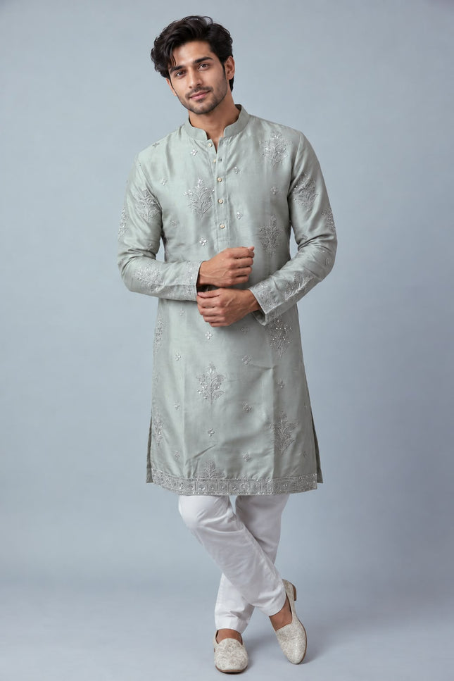 Men's Festive Earth Silk Sequin Kurta Churidar Set - Rosepetals Luxe