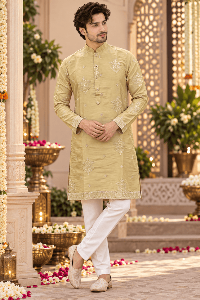 Men's Festive Earth Silk Sequin Kurta Churidar Set - Rosepetals Luxe