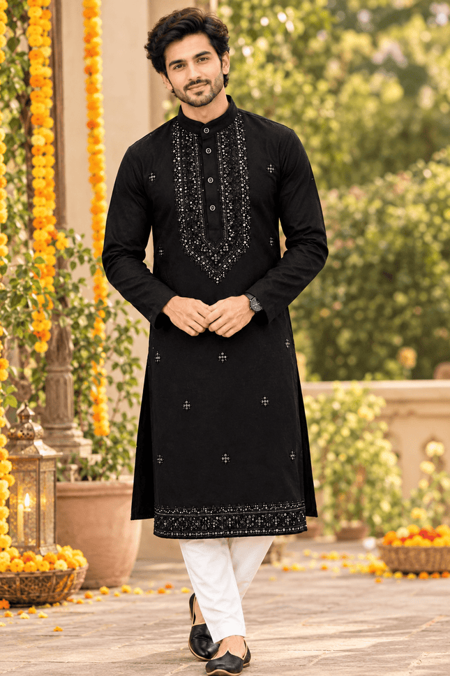 Men’s Festive Neck Work Kurta Pyjama Set - Rosepetals Luxe