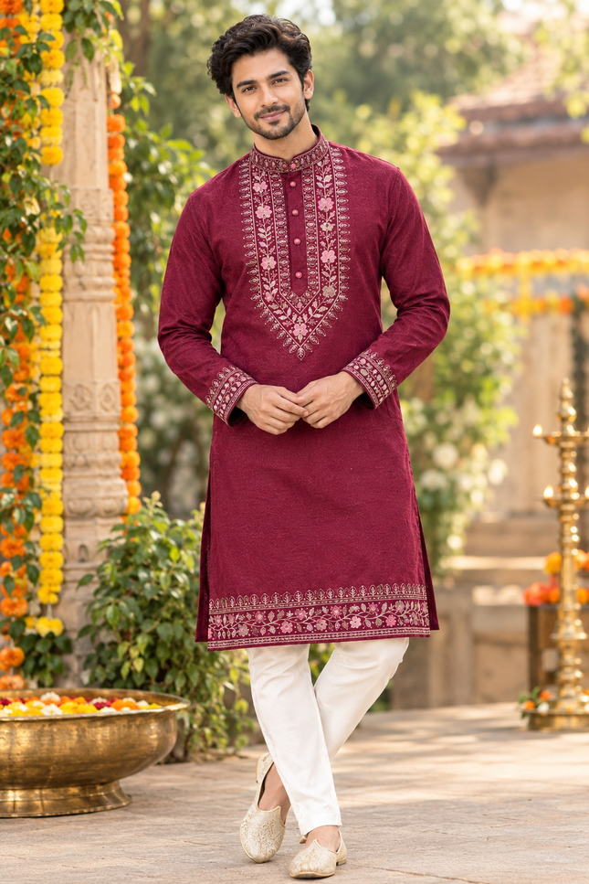 Men’s Festive Neck Work Kurta Pyjama Set - Rosepetals Luxe