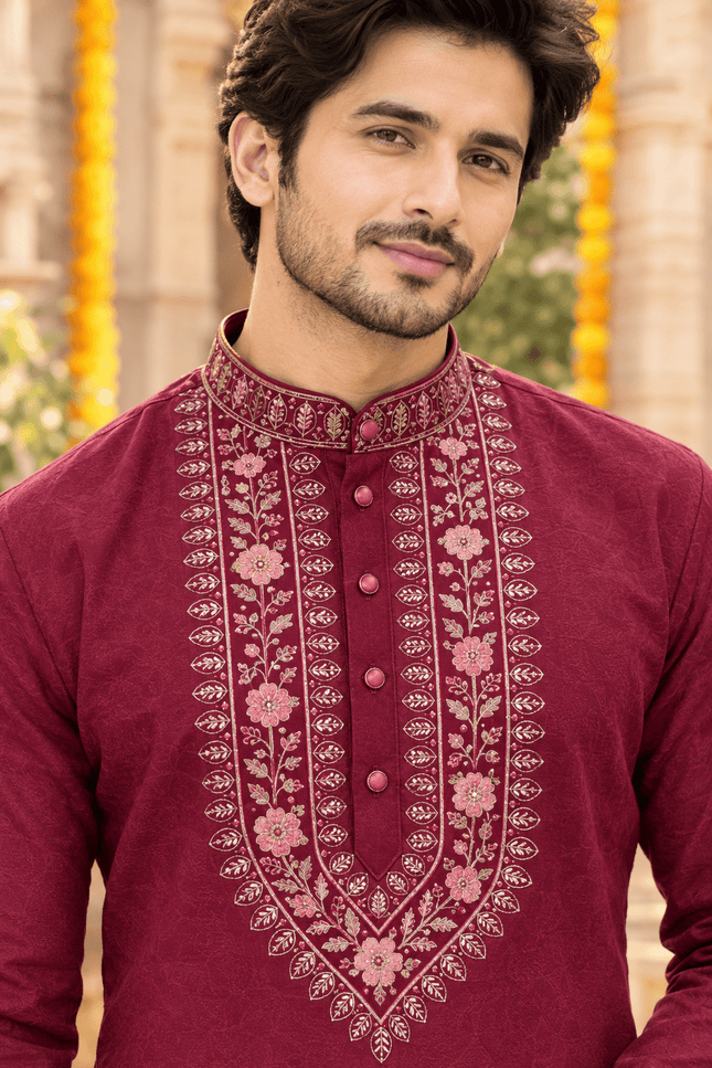 Men’s Festive Neck Work Kurta Pyjama Set - Rosepetals Luxe