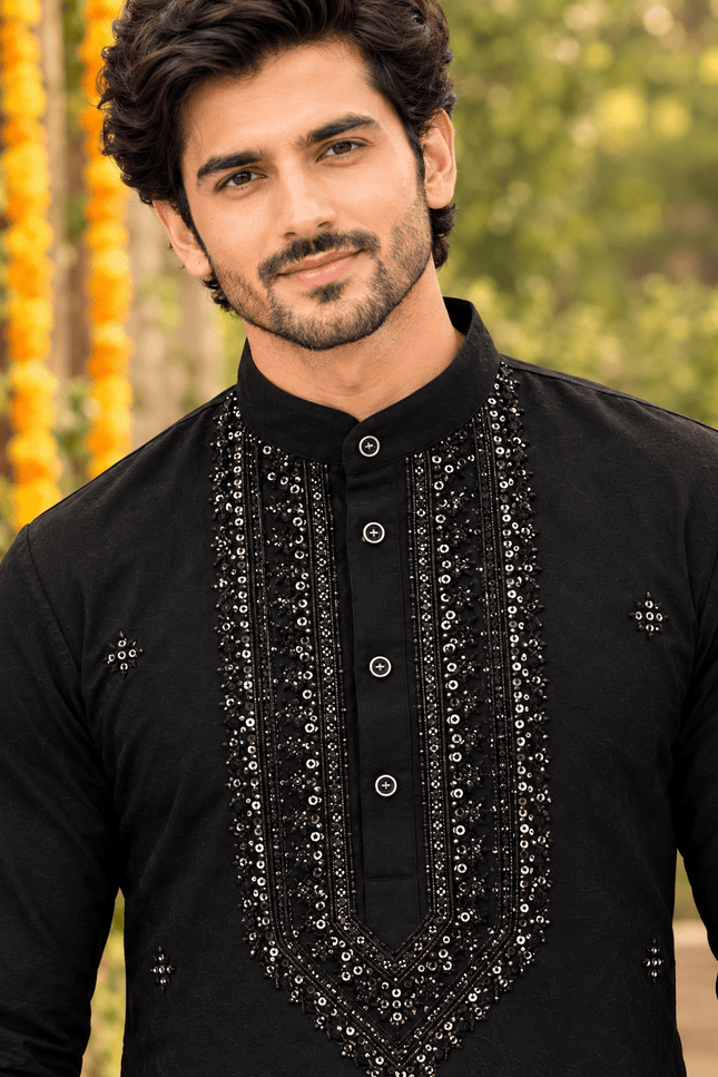 Men’s Festive Neck Work Kurta Pyjama Set - Rosepetals Luxe