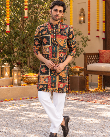 Men’s Golden Thread & Sequin Crepe Short Kurta Set - Rosepetals Luxe