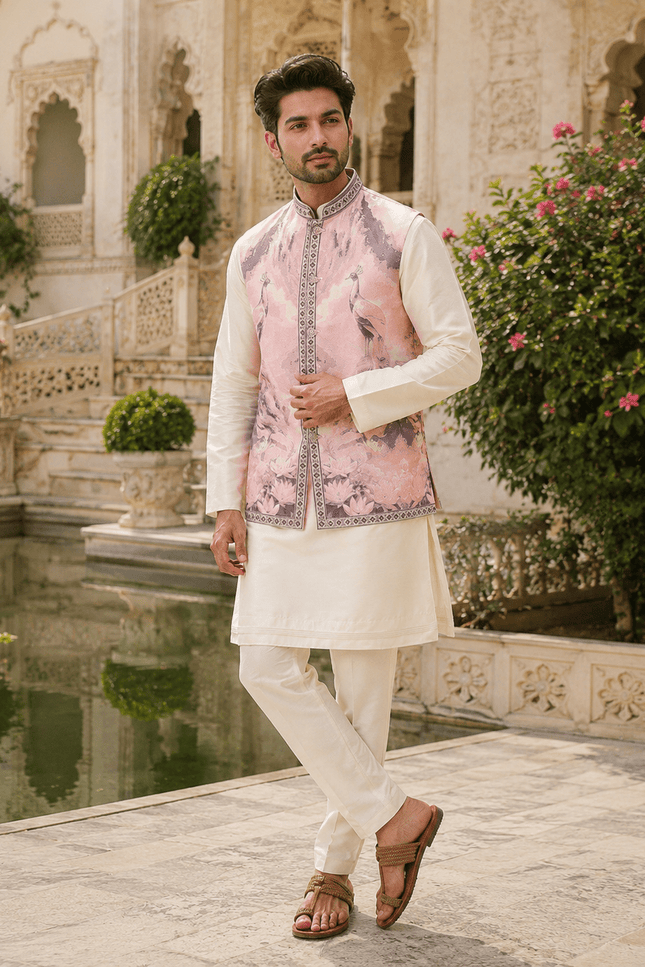 Men’s Jacquard 3D Weaving Koti Slub Silk Kurta Pant Set - Rosepetals Luxe