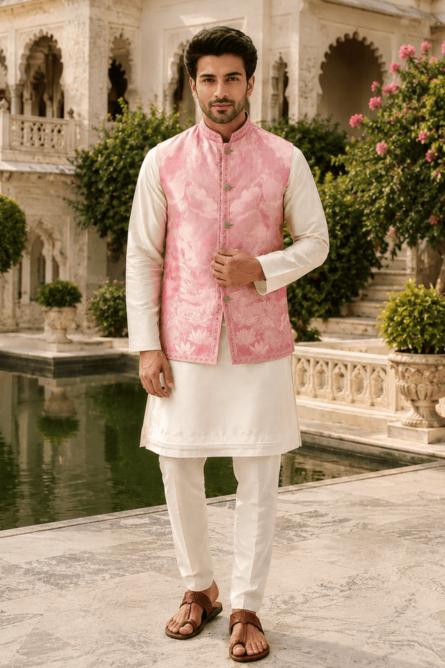 Men’s Jacquard 3D Weaving Koti Slub Silk Kurta Pant Set - Rosepetals Luxe