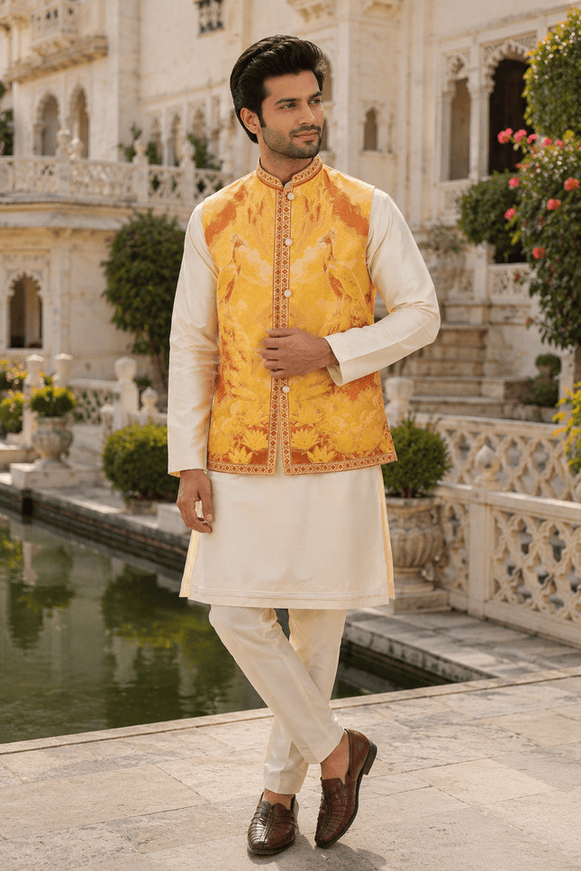 Men’s Jacquard 3D Weaving Koti Slub Silk Kurta Pant Set - Rosepetals Luxe