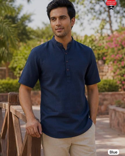 Men's Khadi Linen Half Sleeve Short Kurta | Casual & Festive Wear - Rosepetals Luxe