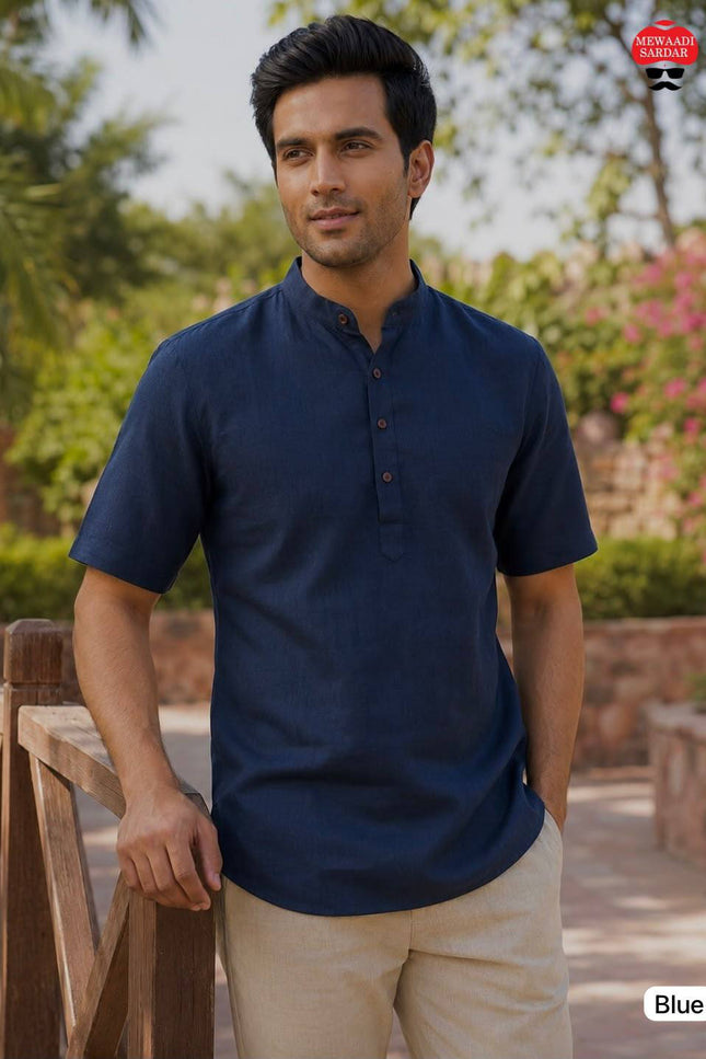 Men's Khadi Linen Half Sleeve Short Kurta | Casual & Festive Wear - Rosepetals Luxe