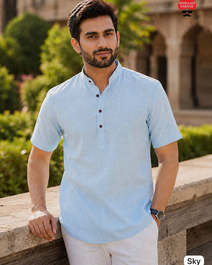 Men's Khadi Linen Half Sleeve Short Kurta | Casual & Festive Wear - Rosepetals Luxe