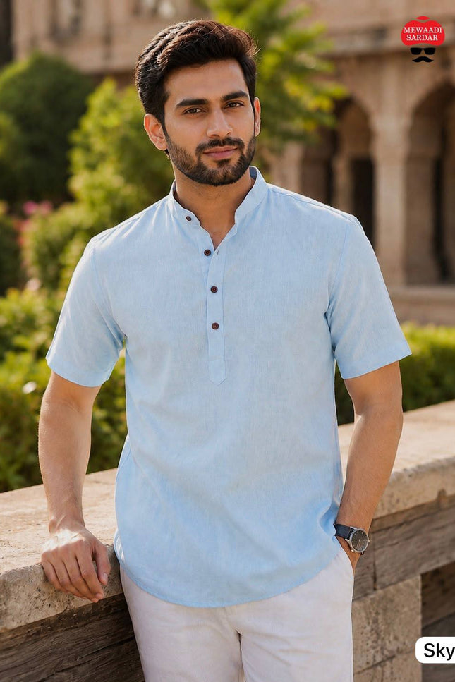 Men's Khadi Linen Half Sleeve Short Kurta | Casual & Festive Wear - Rosepetals Luxe