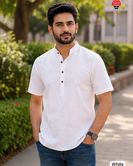 Men's Khadi Linen Half Sleeve Short Kurta | Casual & Festive Wear - Rosepetals Luxe