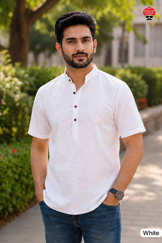 Men's Khadi Linen Half Sleeve Short Kurta | Casual & Festive Wear - Rosepetals Luxe