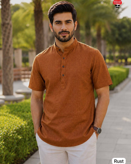 Men's Khadi Linen Half Sleeve Short Kurta | Casual & Festive Wear - Rosepetals Luxe