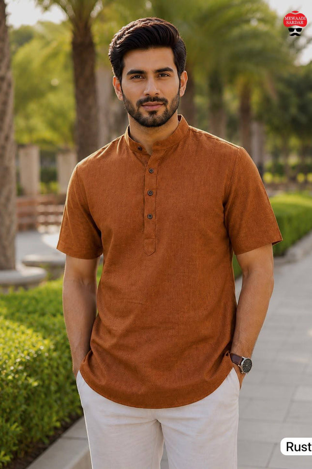 Men's Khadi Linen Half Sleeve Short Kurta | Casual & Festive Wear - Rosepetals Luxe