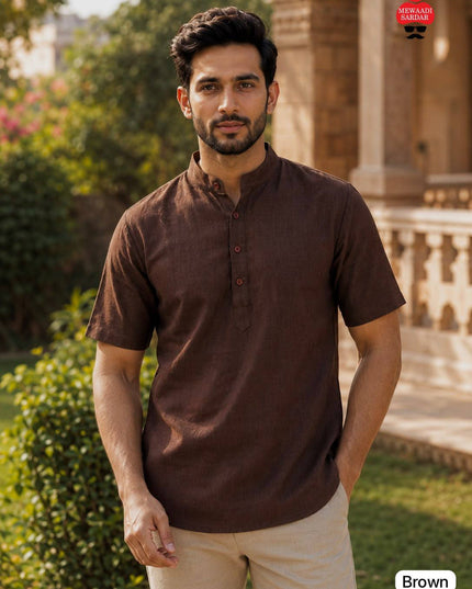 Men's Khadi Linen Half Sleeve Short Kurta | Casual & Festive Wear - Rosepetals Luxe