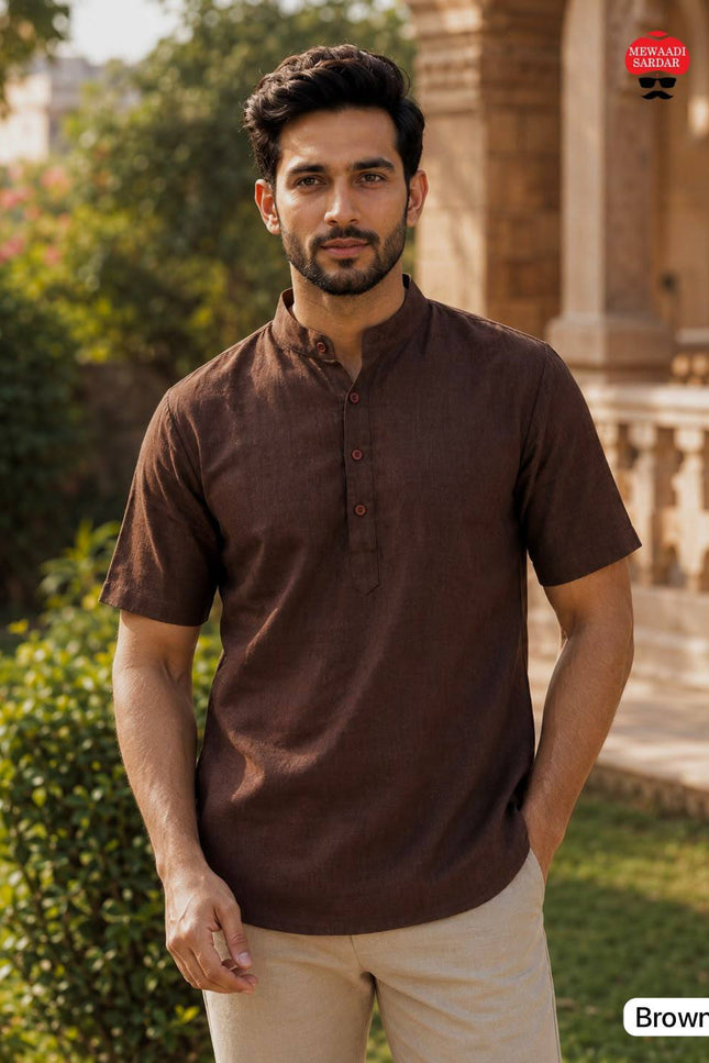 Men's Khadi Linen Half Sleeve Short Kurta | Casual & Festive Wear - Rosepetals Luxe