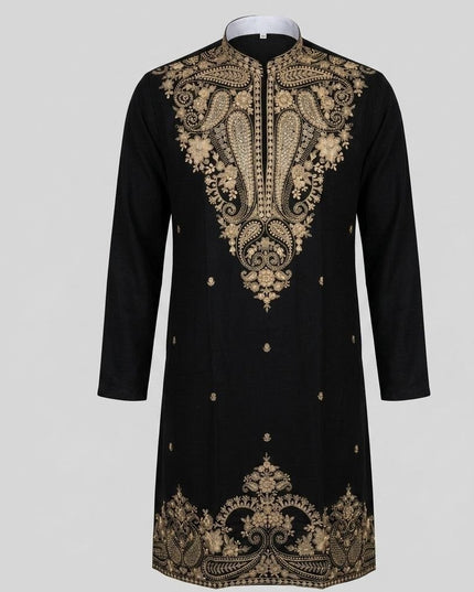 Men's Lachka Kurta Polo Pant Set | Heavy Gold Embroidery | Wedding & Party Wear - Rosepetals Luxe