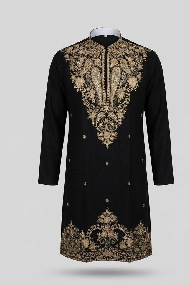 Men's Lachka Kurta Polo Pant Set | Heavy Gold Embroidery | Wedding & Party Wear - Rosepetals Luxe