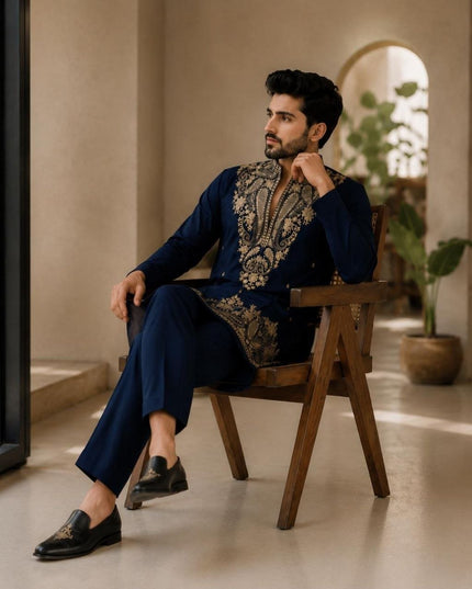 Men's Lachka Kurta Polo Pant Set | Heavy Gold Embroidery | Wedding & Party Wear - Rosepetals Luxe