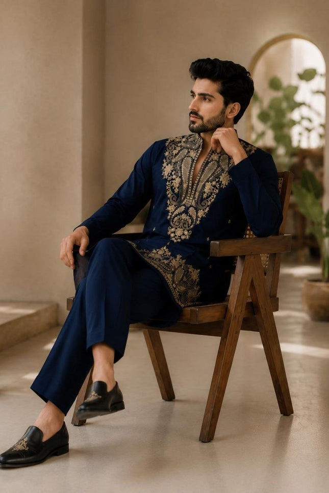 Men's Lachka Kurta Polo Pant Set | Heavy Gold Embroidery | Wedding & Party Wear - Rosepetals Luxe