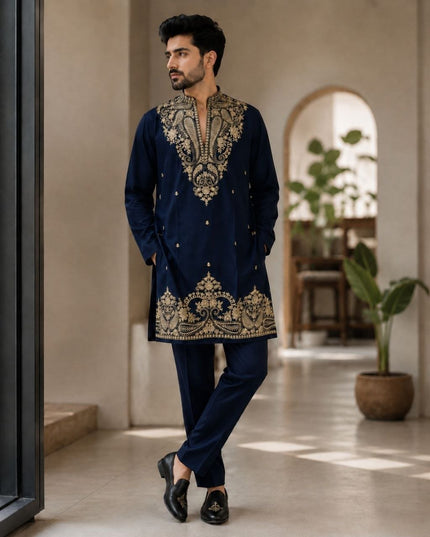 Men's Lachka Kurta Polo Pant Set | Heavy Gold Embroidery | Wedding & Party Wear - Rosepetals Luxe