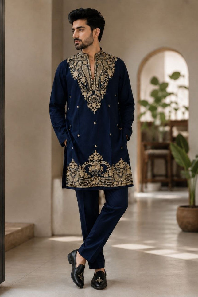 Men's Lachka Kurta Polo Pant Set | Heavy Gold Embroidery | Wedding & Party Wear - Rosepetals Luxe