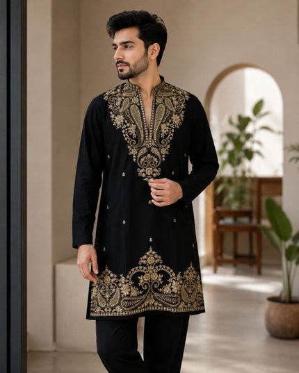 Men's Lachka Kurta Polo Pant Set | Heavy Gold Embroidery | Wedding & Party Wear - Rosepetals Luxe