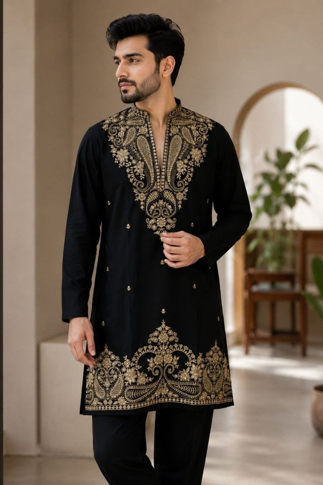 Men's Lachka Kurta Polo Pant Set | Heavy Gold Embroidery | Wedding & Party Wear - Rosepetals Luxe
