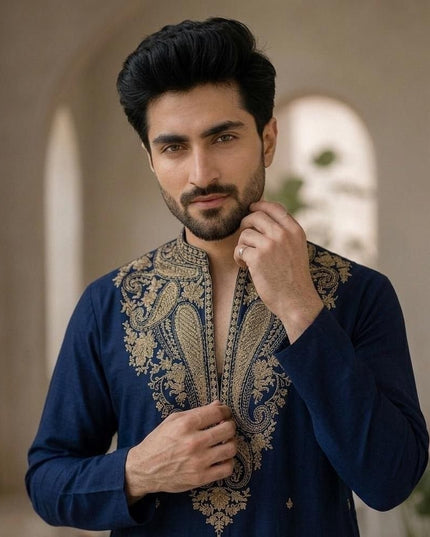 Men's Lachka Kurta Polo Pant Set | Heavy Gold Embroidery | Wedding & Party Wear - Rosepetals Luxe