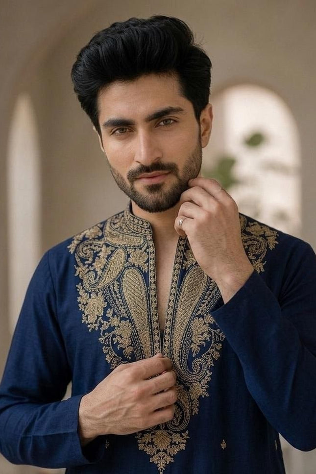 Men's Lachka Kurta Polo Pant Set | Heavy Gold Embroidery | Wedding & Party Wear - Rosepetals Luxe