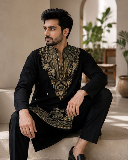 Men's Lachka Kurta Polo Pant Set | Heavy Gold Embroidery | Wedding & Party Wear - Rosepetals Luxe