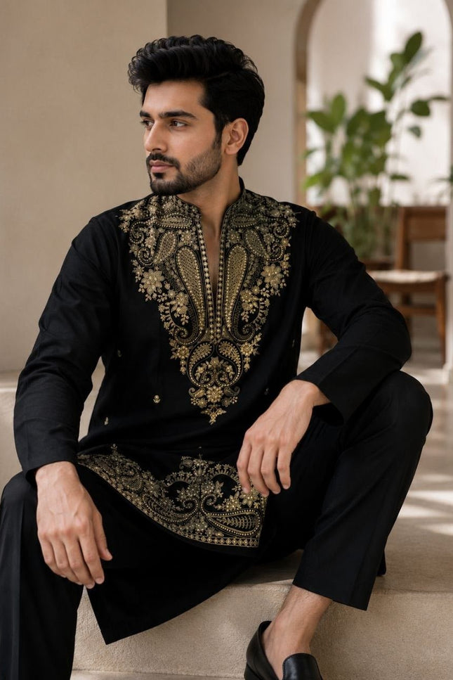 Men's Lachka Kurta Polo Pant Set | Heavy Gold Embroidery | Wedding & Party Wear - Rosepetals Luxe