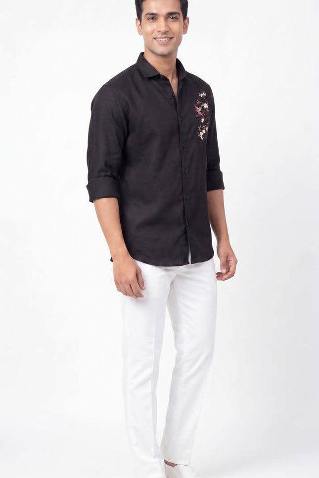 Men's Linen Fabric Embroidery Full Sleeve Shirt | Value Edition - Rosepetals Luxe