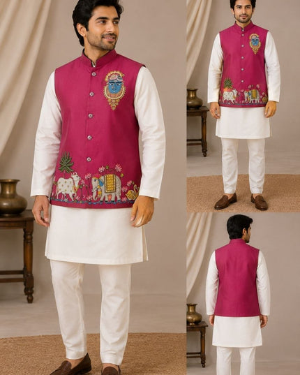 Men's Malai Satin Koti Kurta Pyjama Set | Designer Handwork | Wedding & Reception Wear - Rosepetals Luxe