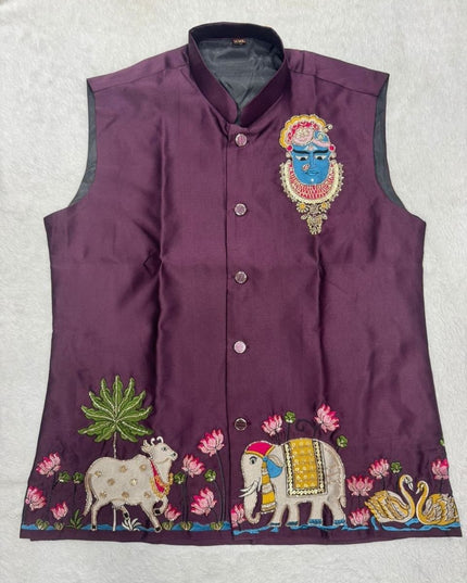 Men's Malai Satin Koti Kurta Pyjama Set | Designer Handwork | Wedding & Reception Wear - Rosepetals Luxe