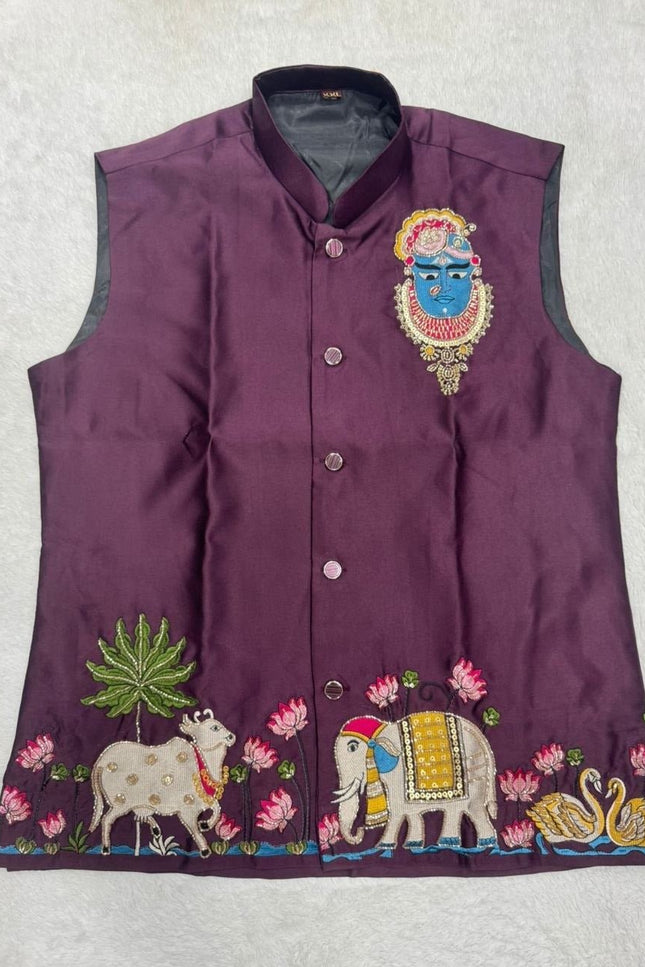Men's Malai Satin Koti Kurta Pyjama Set | Designer Handwork | Wedding & Reception Wear - Rosepetals Luxe