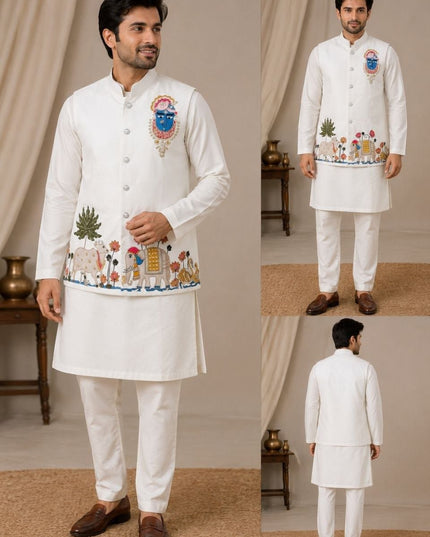 Men's Malai Satin Koti Kurta Pyjama Set | Designer Handwork | Wedding & Reception Wear - Rosepetals Luxe