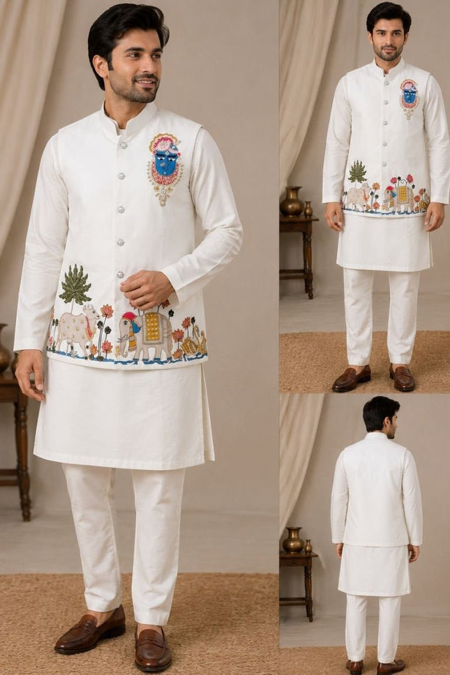 Men's Malai Satin Koti Kurta Pyjama Set | Designer Handwork | Wedding & Reception Wear - Rosepetals Luxe